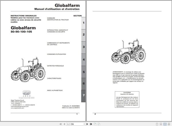 Landini Tractor Globalfarm 80 90 100 105 Operators Maintenance Manual 6520978M2 FR 1