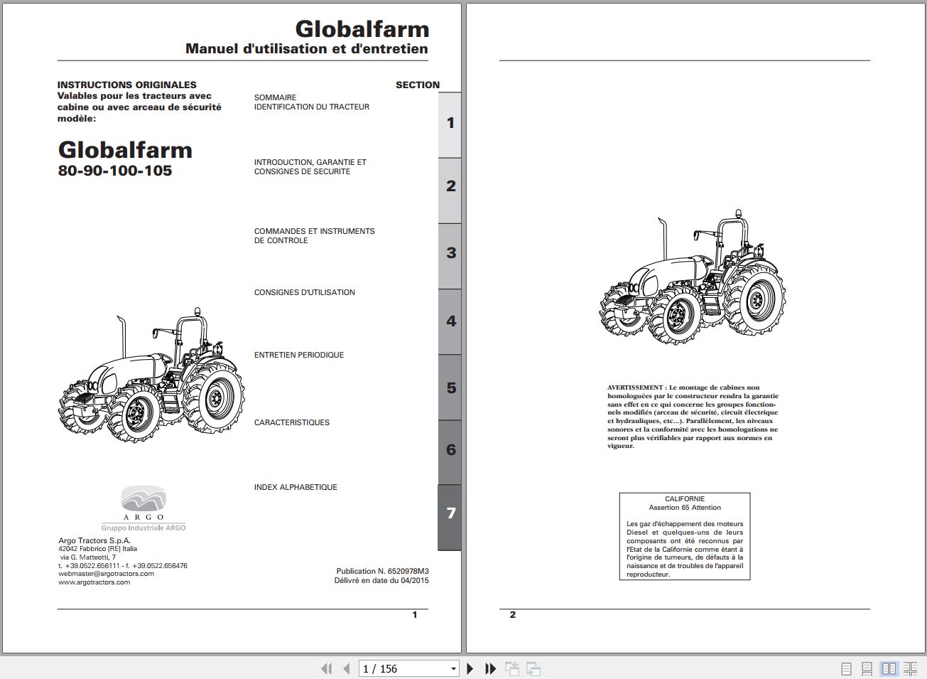 Landini Tractor Globalfarm 80 90 100 105 Operators Maintenance Manual 6520978M2 FR 1