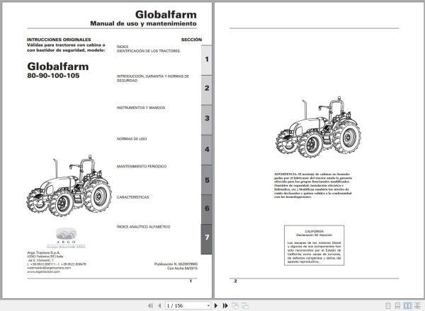 Landini Tractor Globalfarm 80 90 100 105 Operators Maintenance Manual 6520979M2 ES 1