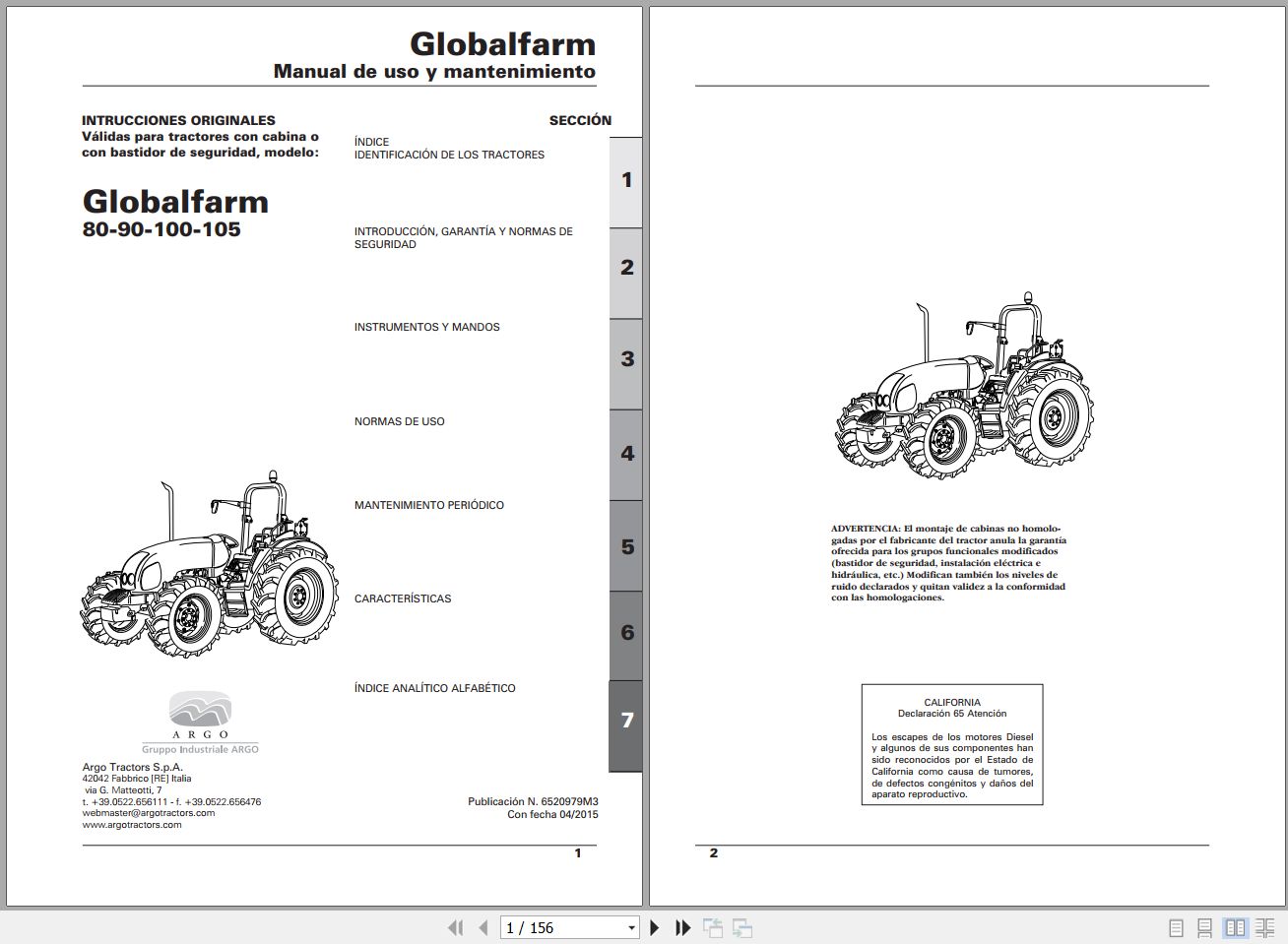 Landini Tractor Globalfarm 80 90 100 105 Operators Maintenance Manual 6520979M2 ES 1