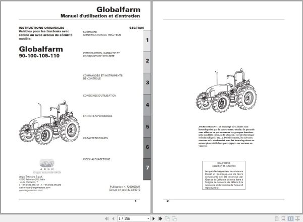 Landini Tractor Globalfarm 90 100 105 110 Operators Maintenance Manual 4209029M1 FR 1