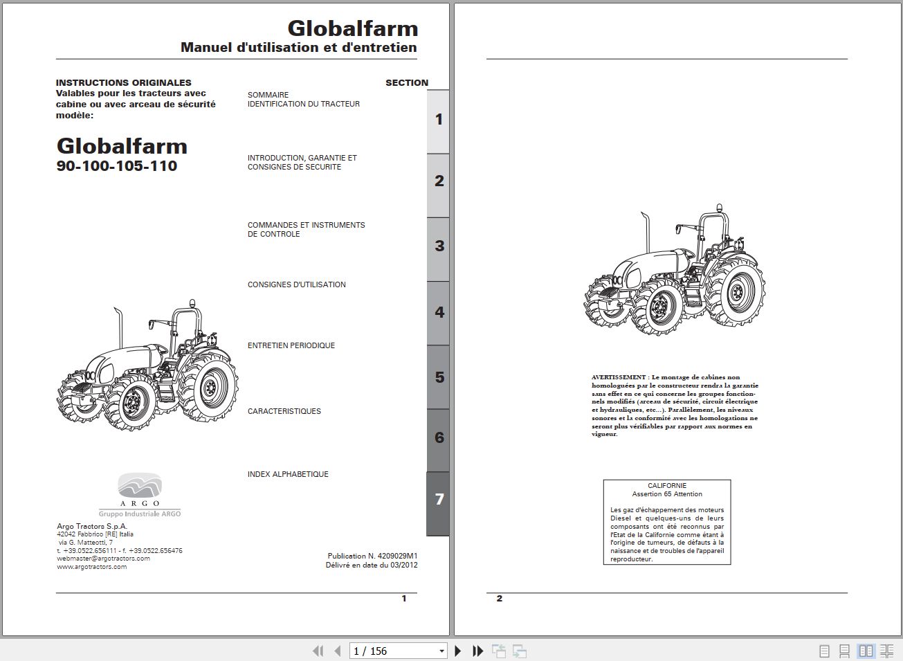 Landini Tractor Globalfarm 90 100 105 110 Operators Maintenance Manual 4209029M1 FR 1