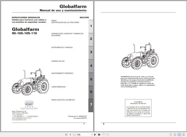 Landini Tractor Globalfarm 90 100 105 110 Operators Maintenance Manual 4209031M1 ES 1