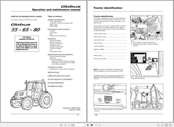 Landini Tractor Globus 55 65 80 Operators Maintenance Manual 3660023M1 EN 1