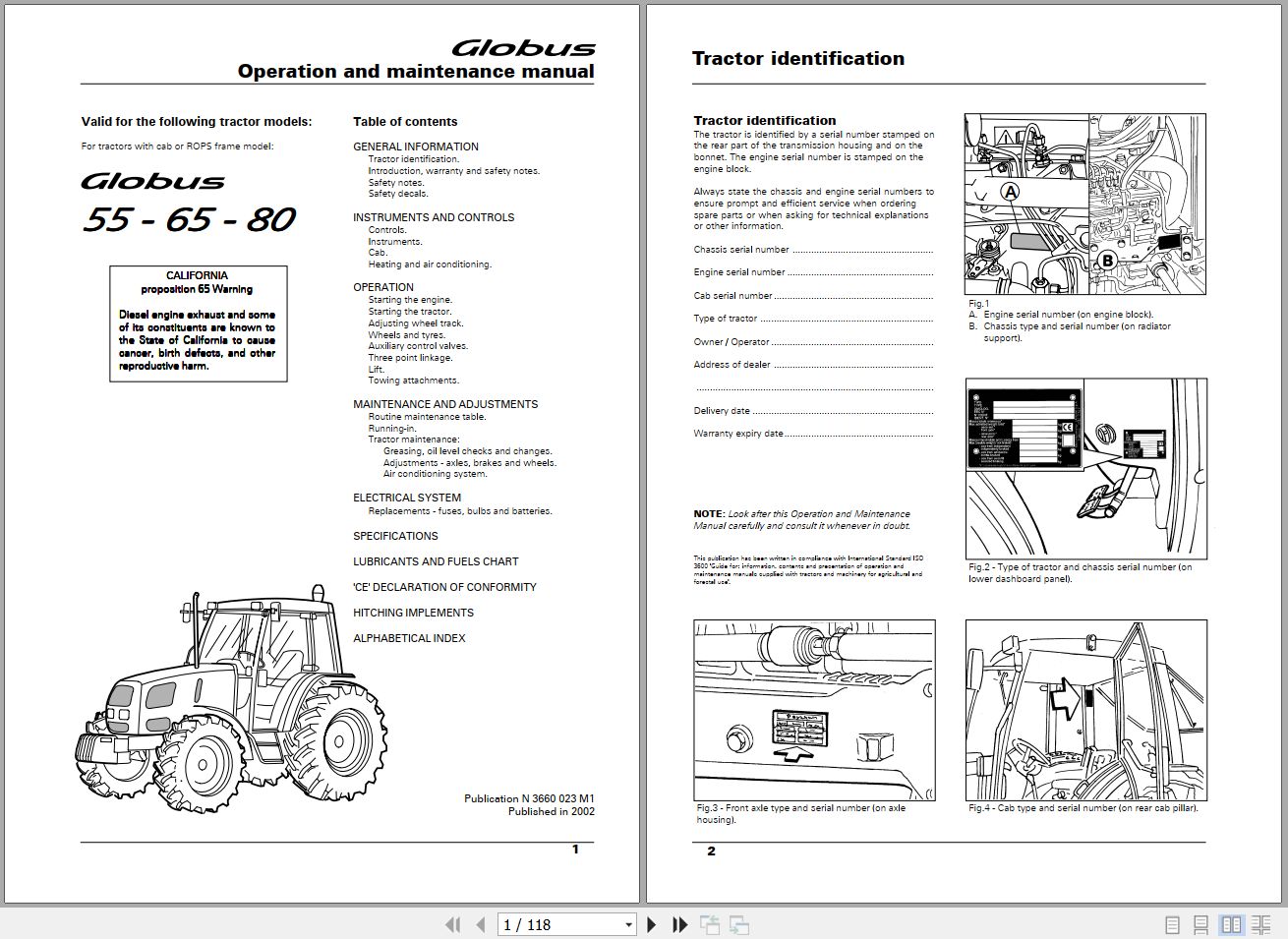 Landini Tractor Globus 55 65 80 Operators Maintenance Manual 3660023M1 EN 1