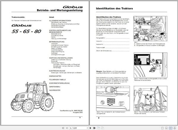 Landini Tractor Globus 55 65 80 Operators Maintenance Manual 3660026M1 DE 1