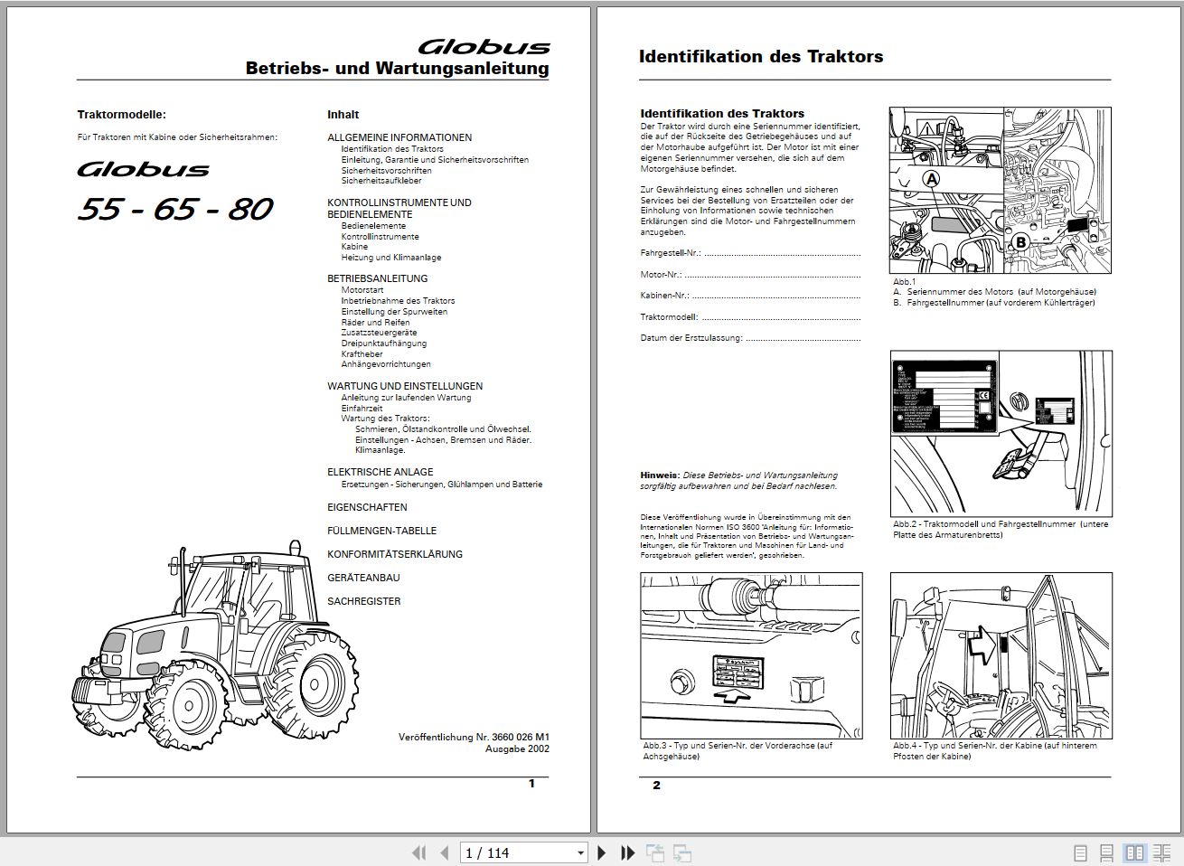 Landini Tractor Globus 55 65 80 Operators Maintenance Manual 3660026M1 DE 1