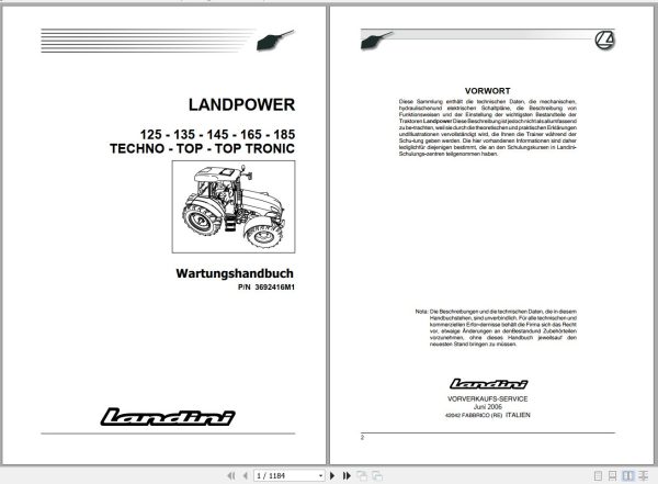 Landini Tractor LANDPOWER 125 135 145 165 185 Service Manual 3692416M1 DE 1