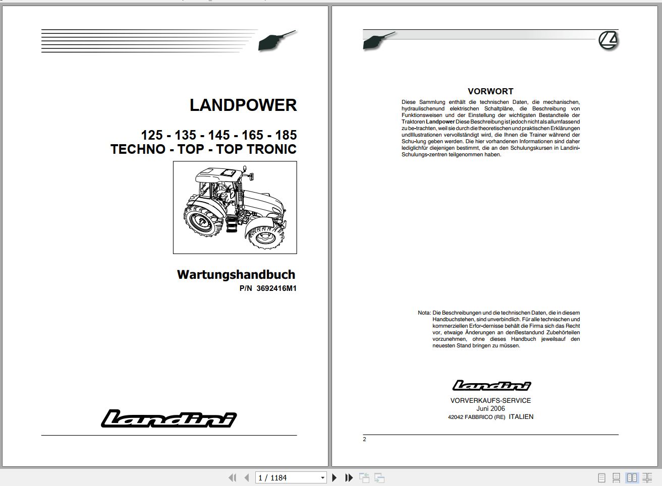 Landini Tractor LANDPOWER 125 135 145 165 185 Service Manual 3692416M1 DE 1