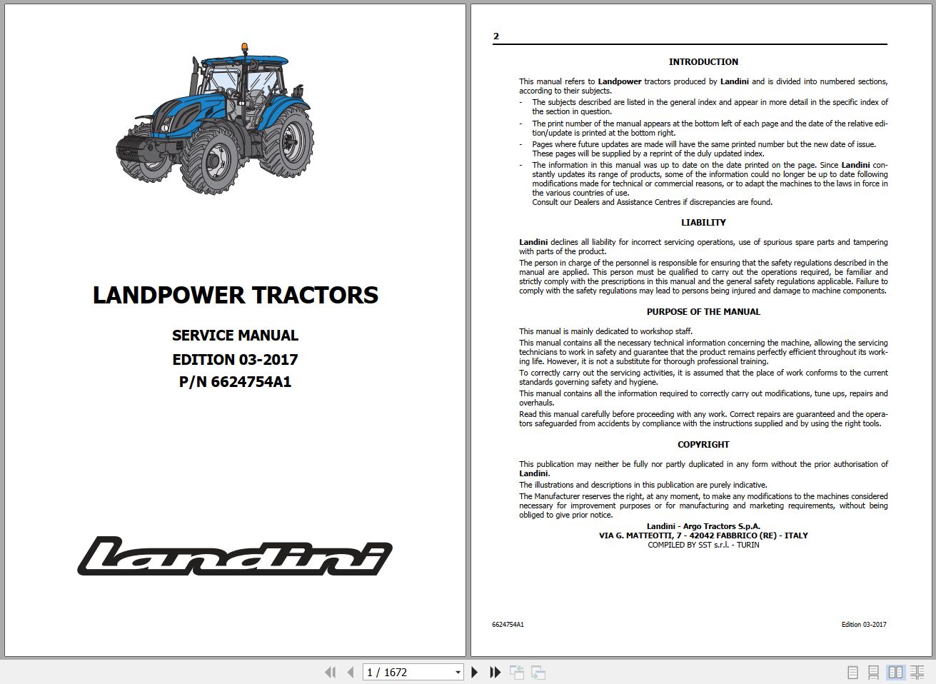 Landini Tractor LANDPOWER 125 135 145 165 Service Manual 6624754A1 EN 1