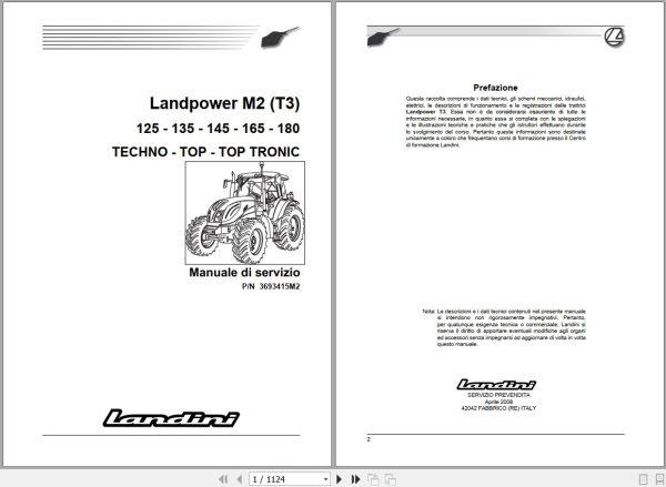 Landini Tractor LANDPOWER 125 180 M2 Tier2 Service Manual 3693415M2 IT 1