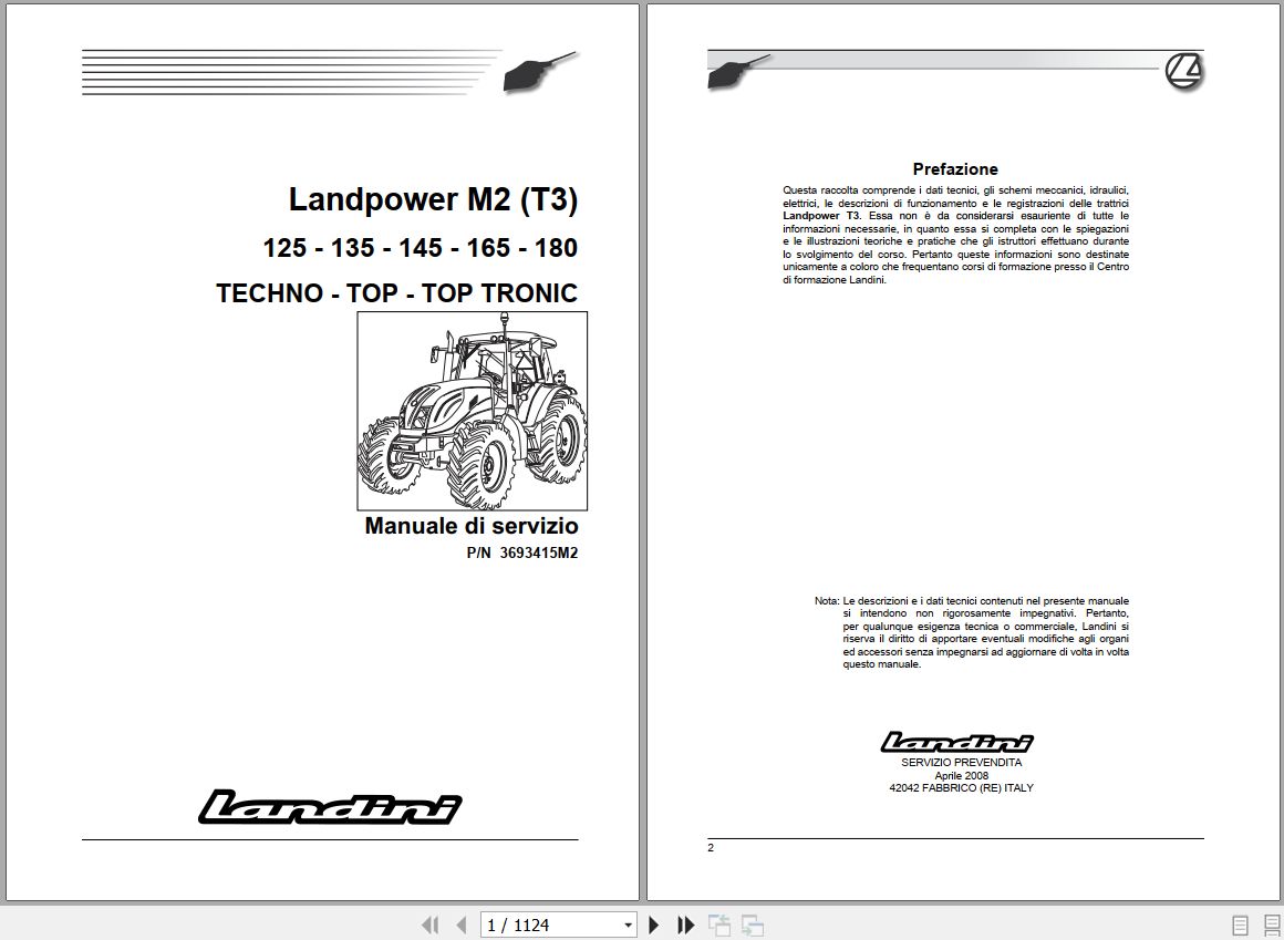 Landini Tractor LANDPOWER 125 180 M2 Tier2 Service Manual 3693415M2 IT 1