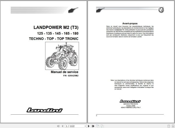 Landini Tractor LANDPOWER 125 180 M2 Tier3 Service Manual 4206429M2 FR 1