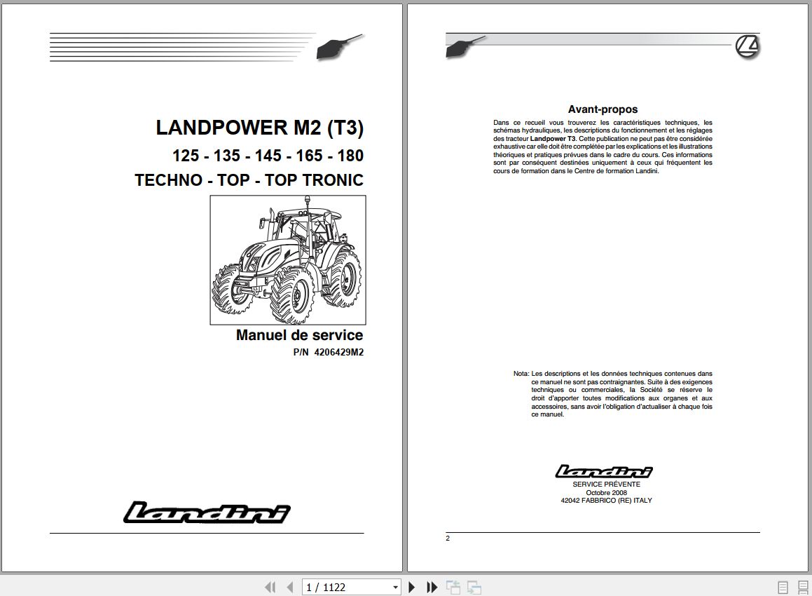 Landini Tractor LANDPOWER 125 180 M2 Tier3 Service Manual 4206429M2 FR 1