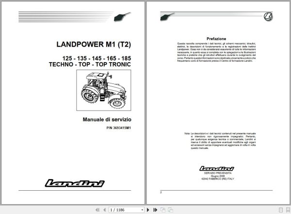 Landini Tractor LANDPOWER 125 185 M1 Tier2 Service Manual 3693415M1 IT 1