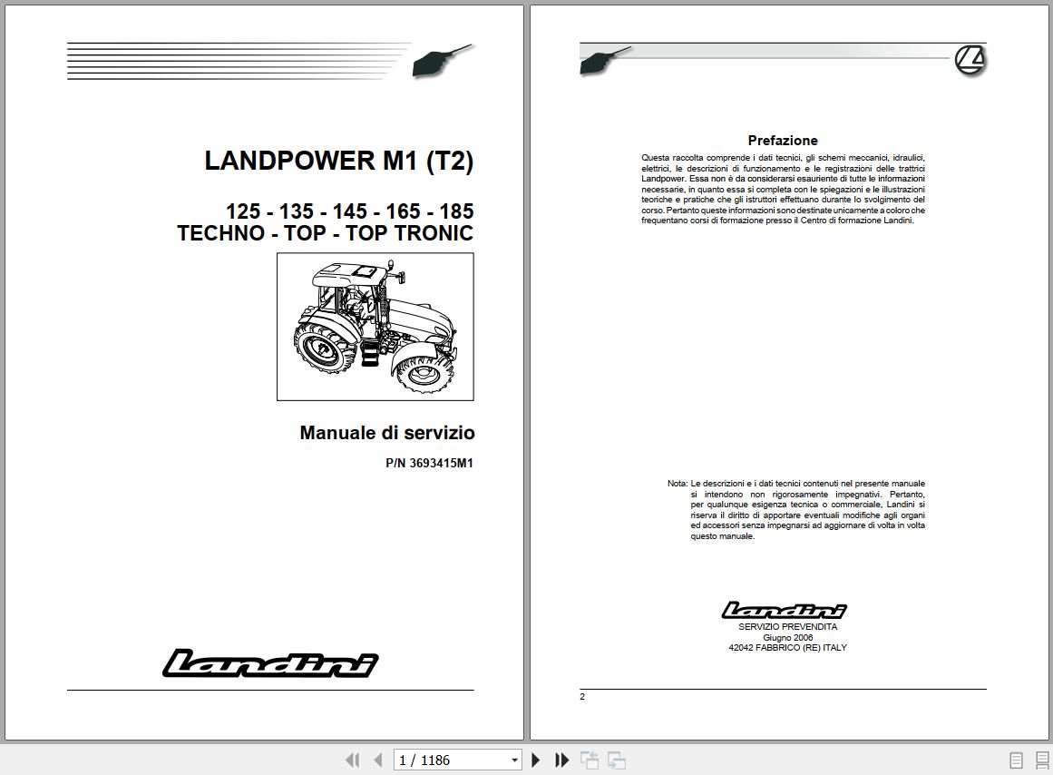 Landini Tractor LANDPOWER 125 185 M1 Tier2 Service Manual 3693415M1 IT 1