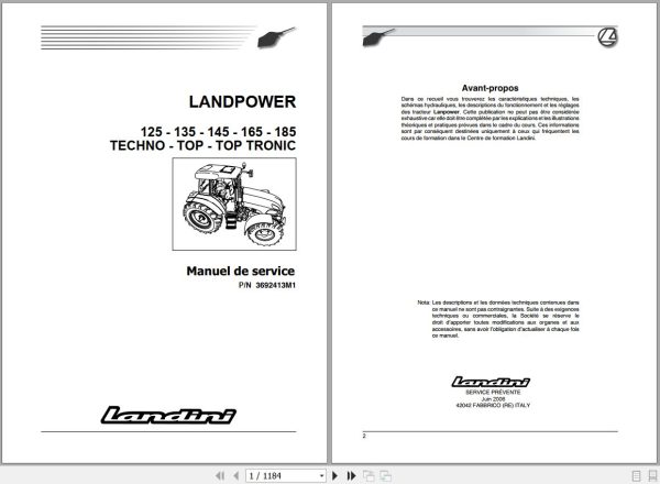 Landini Tractor LANDPOWER 125 185 Service Manual 3692413M1 FR 1