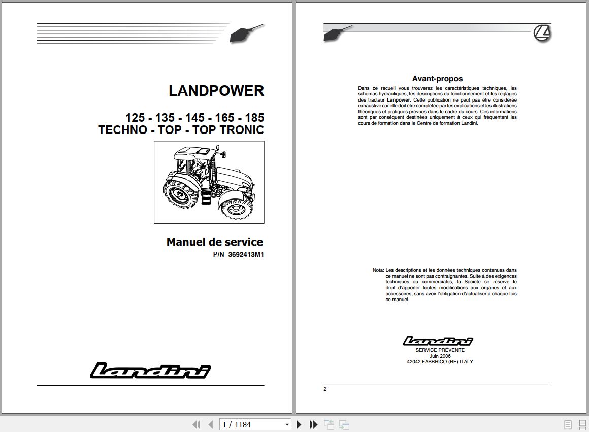 Landini Tractor LANDPOWER 125 185 Service Manual 3692413M1 FR 1