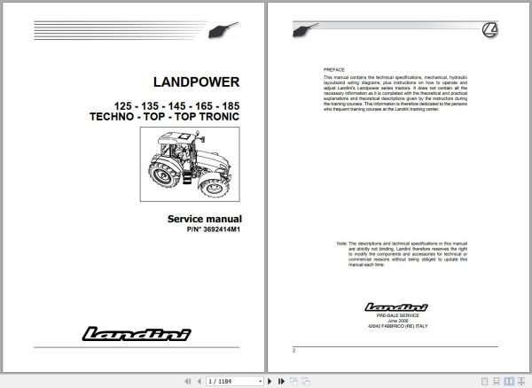 Landini Tractor LANDPOWER 125 185 Service Manual 3692414M1 EN 1