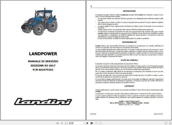 Landini Tractor LANDPOWER 125 to 165 Service Manual 6624753A1 IT 1