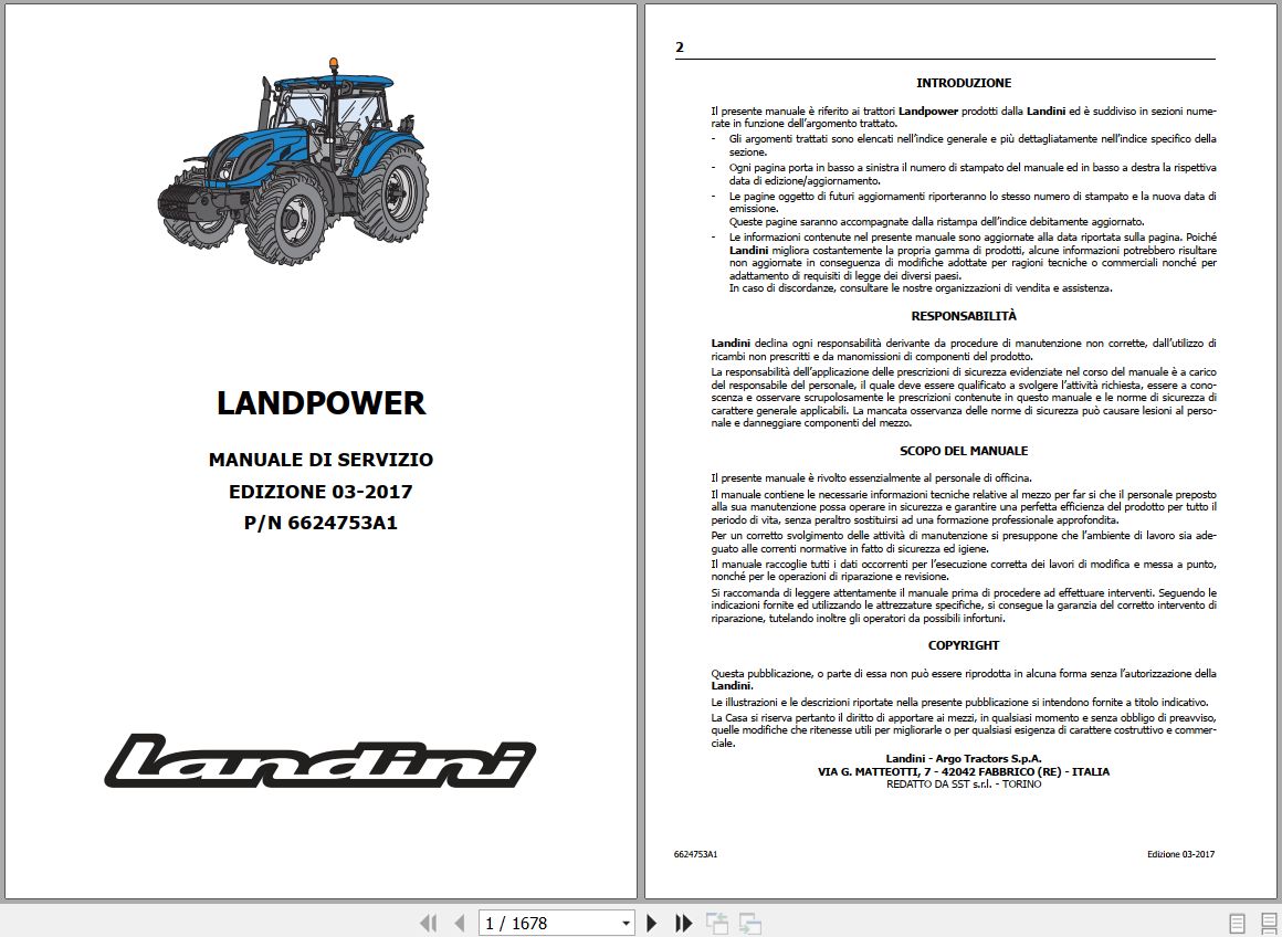 Landini Tractor LANDPOWER 125 to 165 Service Manual 6624753A1 IT 1