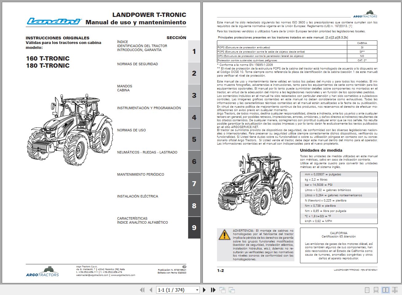 Landini Tractor LANDPOWER 160 180 T TRONIC Operators Maintenance Manual 6730165A1 ES 1