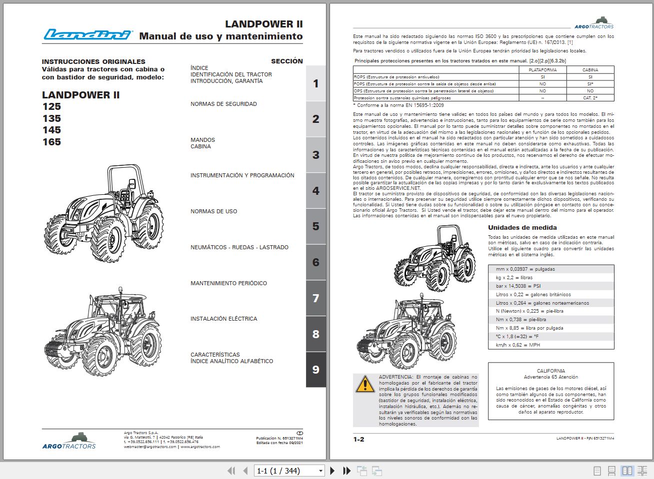 Landini Tractor LANDPOWER II 125 135 145 165 Operators Maintenance Manual 6513271M4 ES 1