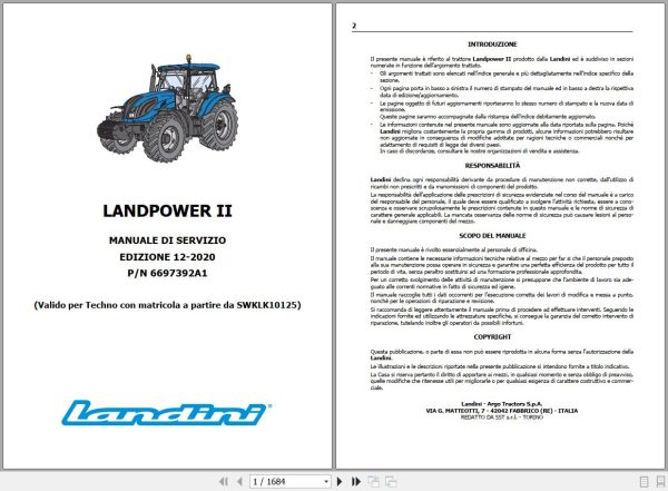 Landini Tractor LANDPOWER II 125 to 165 Service Manual 6697392A1 IT 1