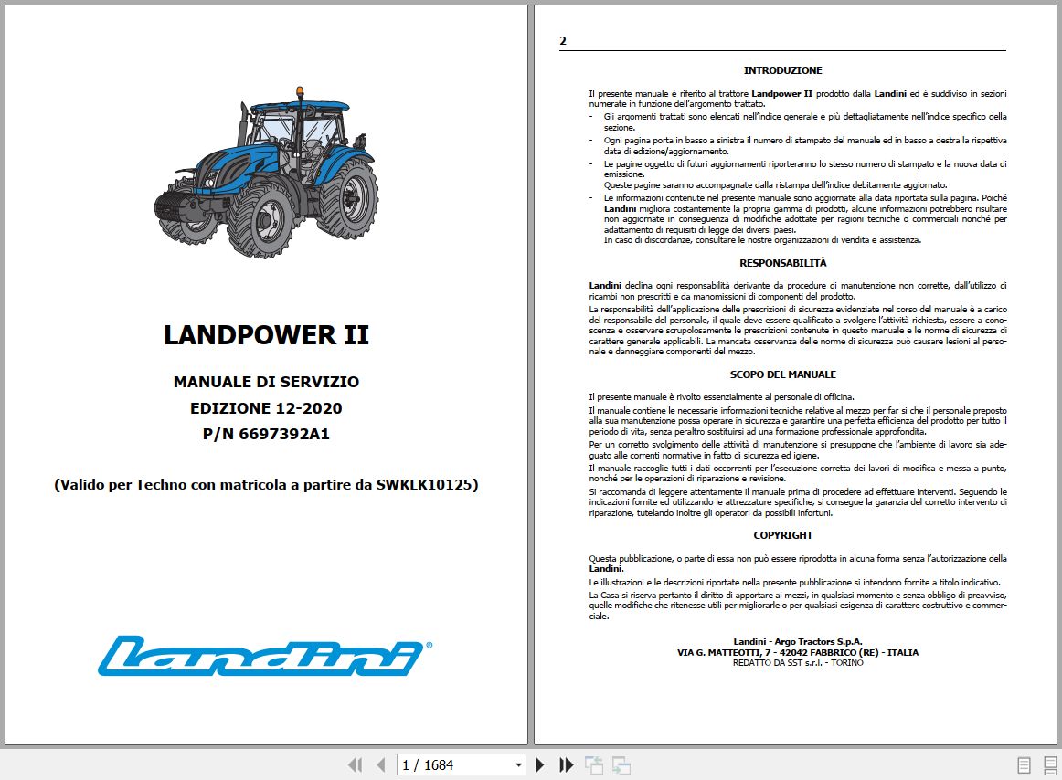 Landini Tractor LANDPOWER II 125 to 165 Service Manual 6697392A1 IT 1
