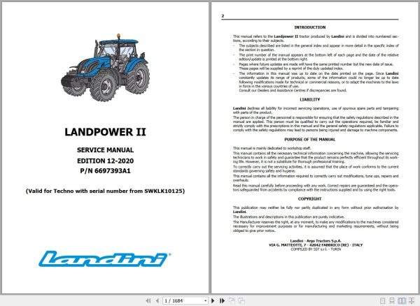 Landini Tractor LANDPOWER II 125 to 165 Service Manual 6697393A1 EN 1