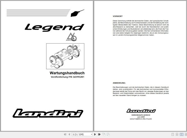 Landini Tractor LEGEND 105 115 130 145 165 Service Manual 3659952M1 DE 1