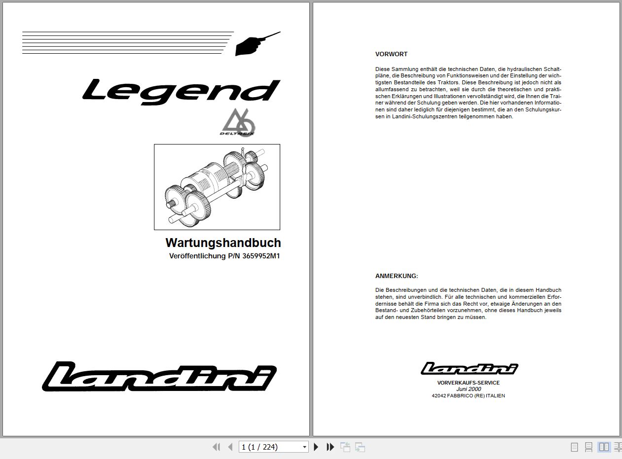Landini Tractor LEGEND 105 115 130 145 165 Service Manual 3659952M1 DE 1