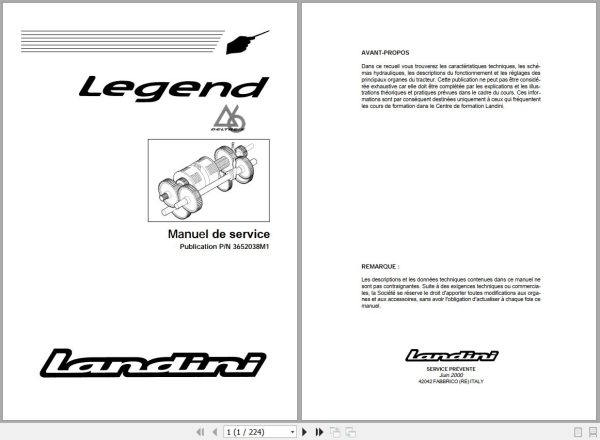 Landini Tractor LEGEND 105 165 Service Manual 3652038M1 FR 1