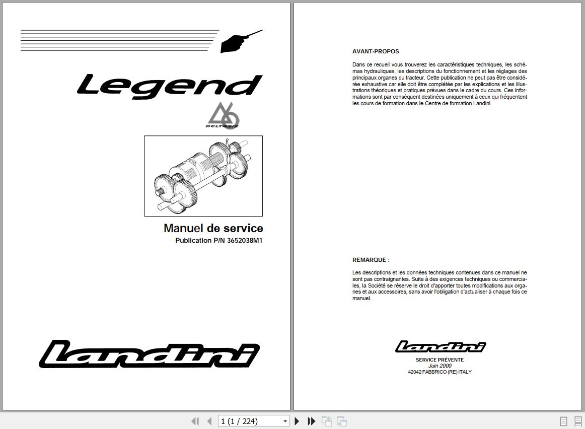 Landini Tractor LEGEND 105 165 Service Manual 3652038M1 FR 1