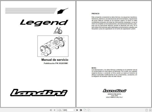 Landini Tractor LEGEND 105 165 Service Manual 3652039M1 ES 1