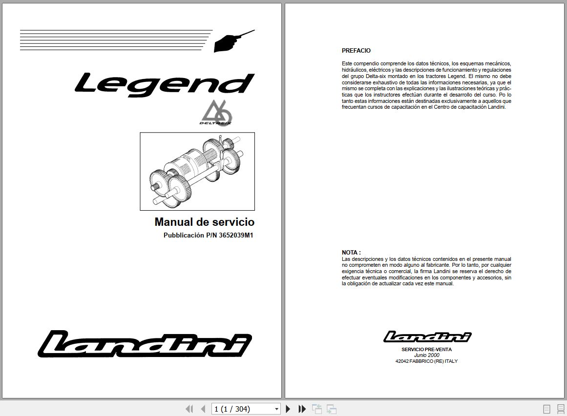 Landini Tractor LEGEND 105 165 Service Manual 3652039M1 ES 1