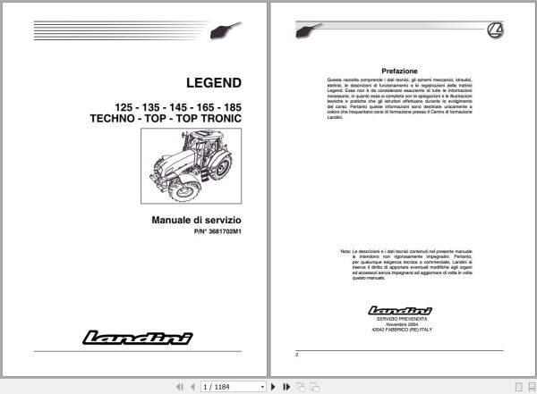 Landini Tractor LEGEND 125 185 Service Manual 3681702M1 IT 1