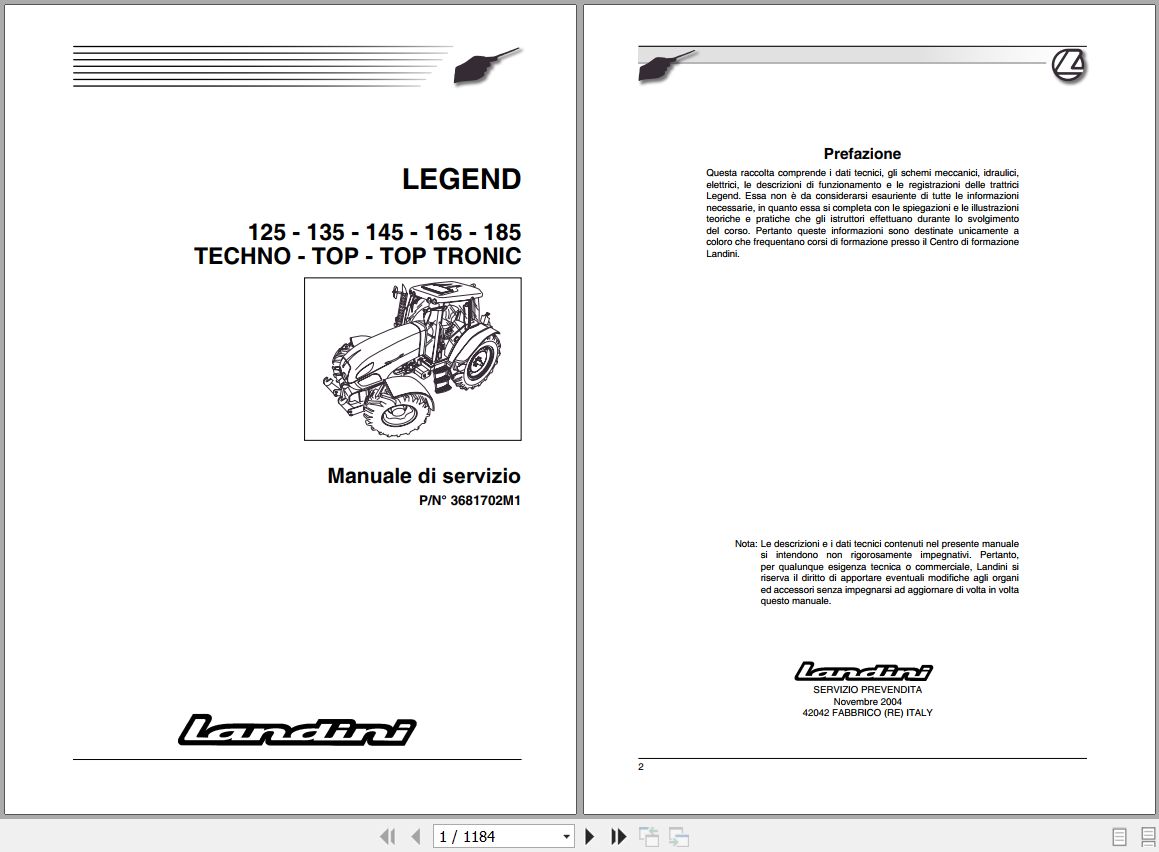 Landini Tractor LEGEND 125 185 Service Manual 3681702M1 IT 1