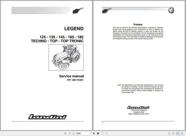 Landini Tractor LEGEND 125 185 Service Manual 3681703M1 EN 1