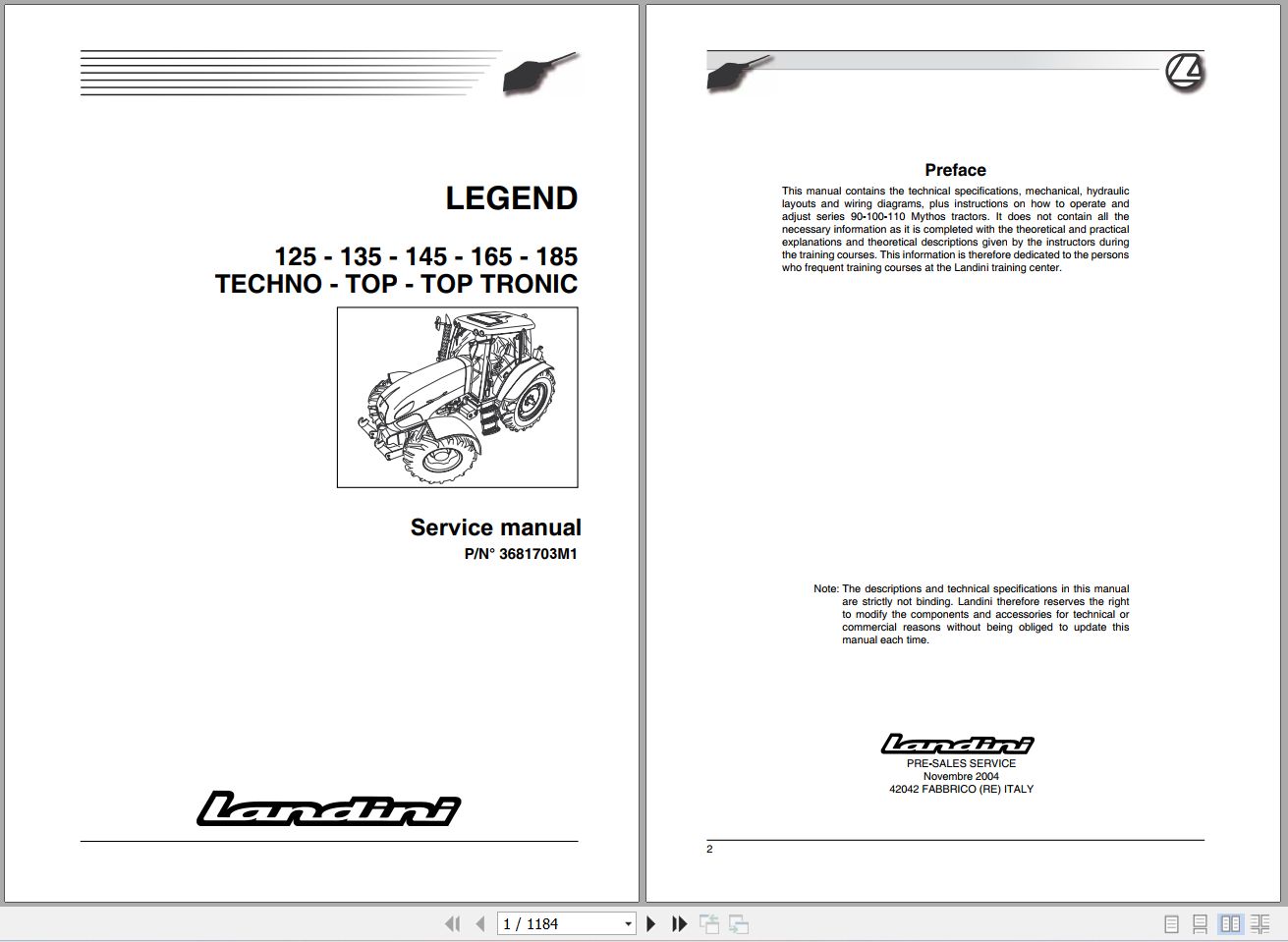 Landini Tractor LEGEND 125 185 Service Manual 3681703M1 EN 1