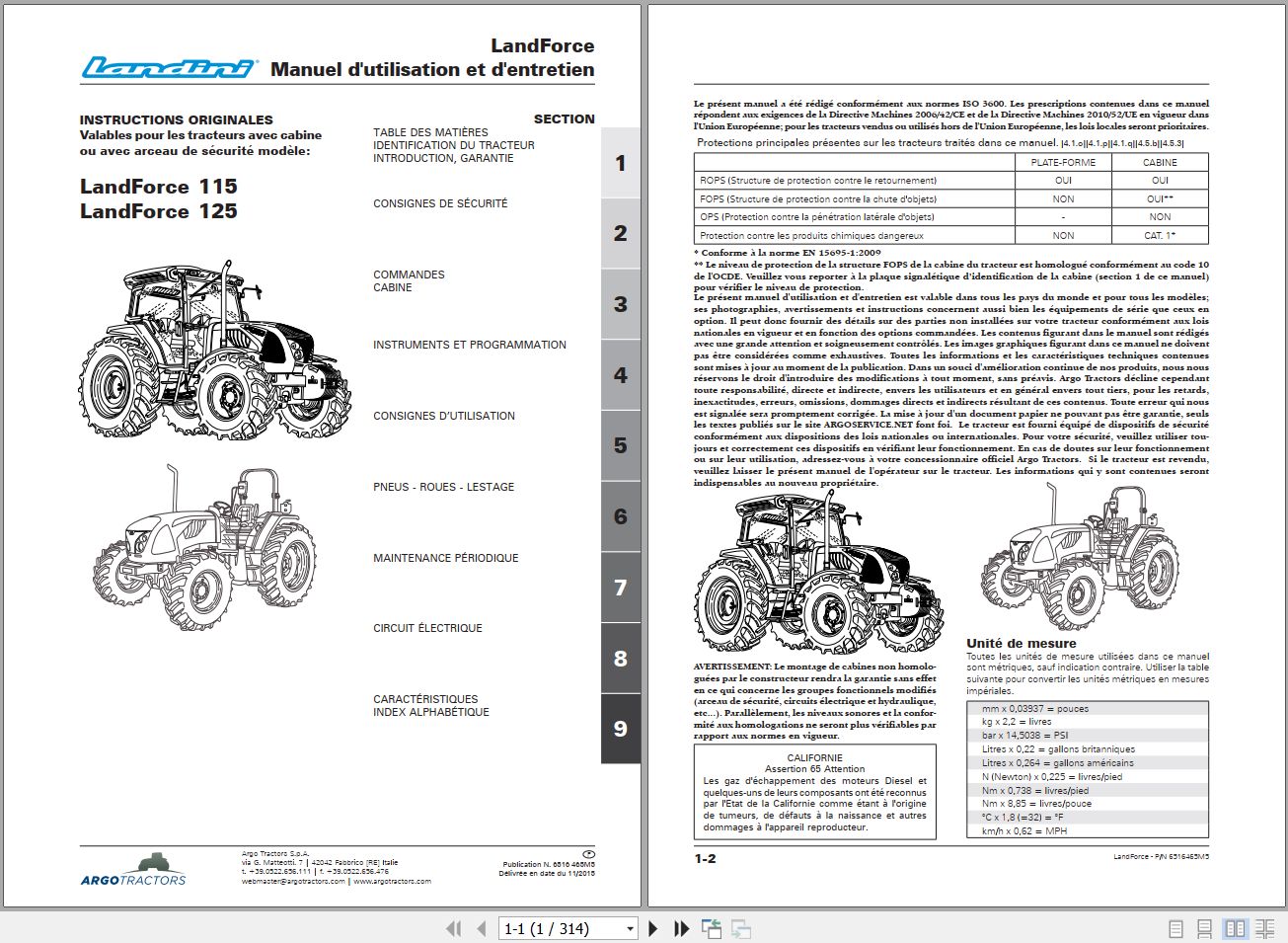 Landini Tractor LandForce 115 125 Operators Maintenance Manual 6516465M5 FR 1
