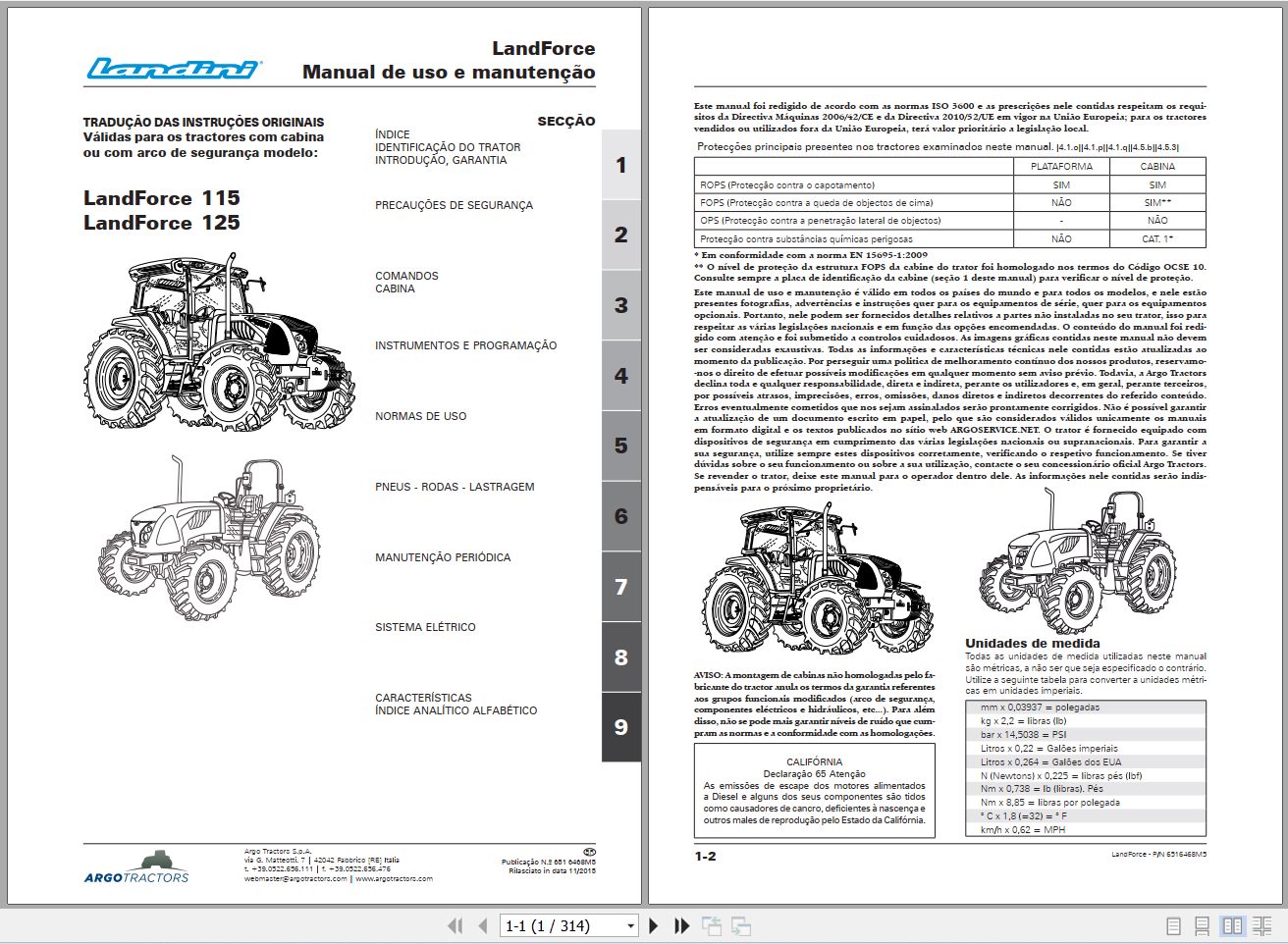 Landini Tractor LandForce 115 125 Operators Maintenance Manual 6516468M5 PT 1