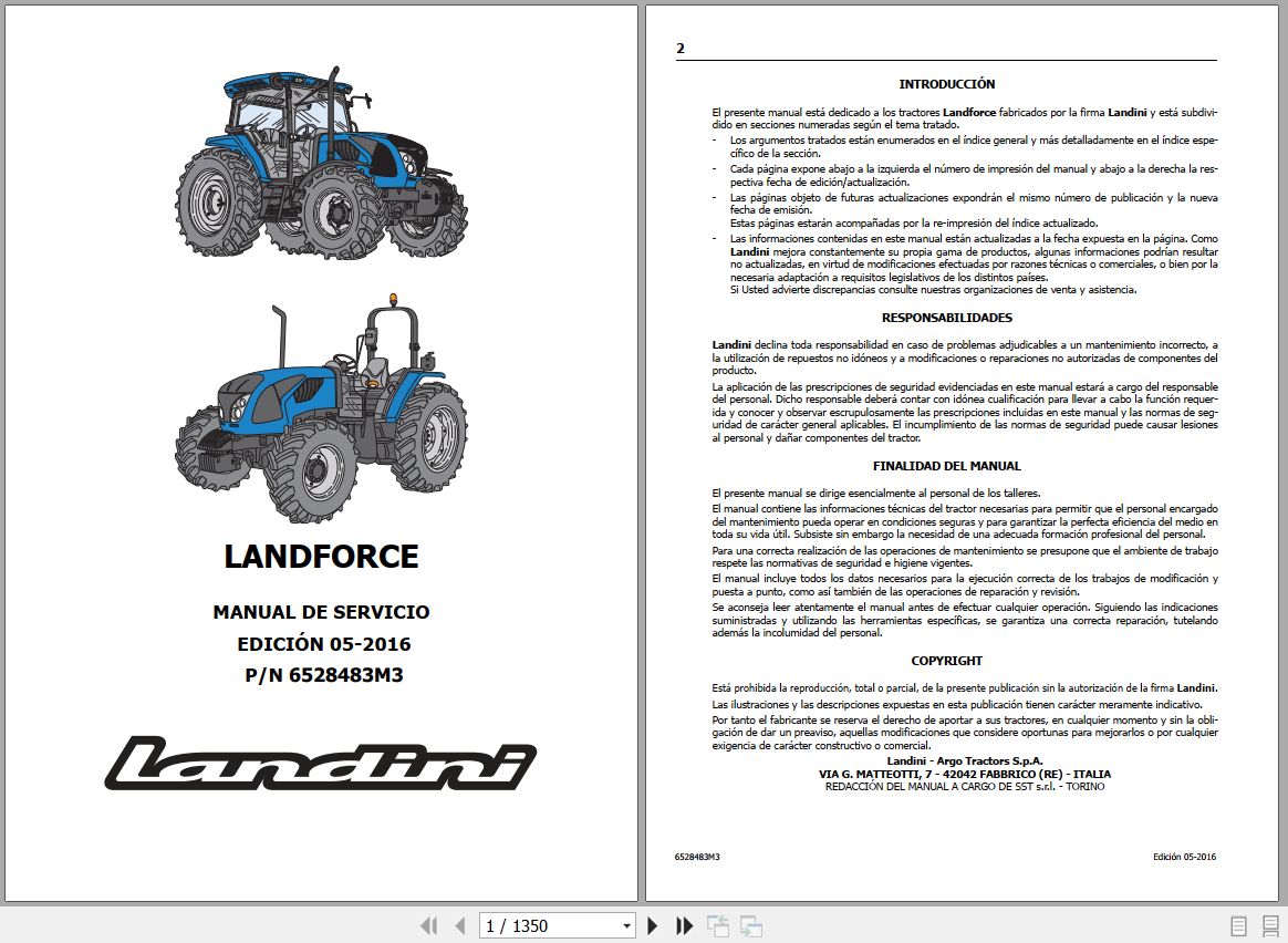 Landini Tractor Landforce 115 Landforce 125 Service Manual 6528483M3 ES 1