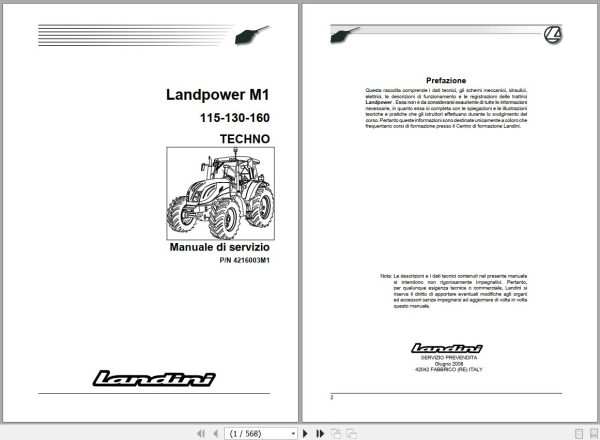 Landini Tractor Landpower 115 130 160 M1 Service Manual 4216003M1 IT 1