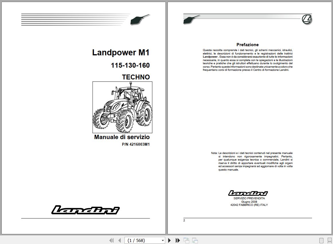 Landini Tractor Landpower 115 130 160 M1 Service Manual 4216003M1 IT 1