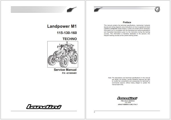 Landini Tractor Landpower 115 130 160 M1 Service Manual 4216004M1 EN 1