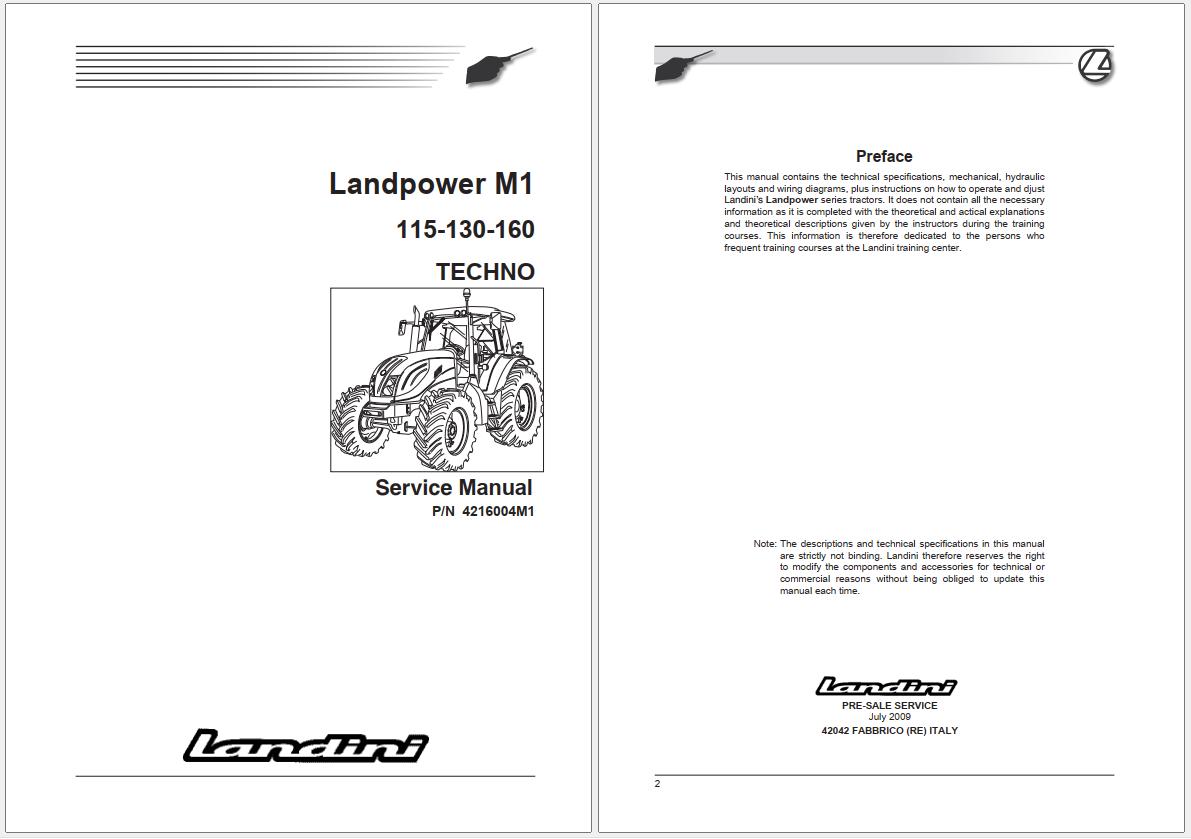 Landini Tractor Landpower 115 130 160 M1 Service Manual 4216004M1 EN 1