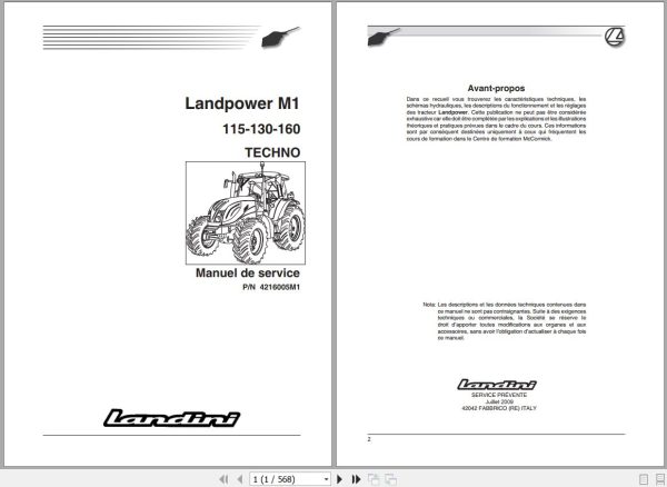 Landini Tractor Landpower 115 130 160 M1 Service Manual 4216005M1 FR 1