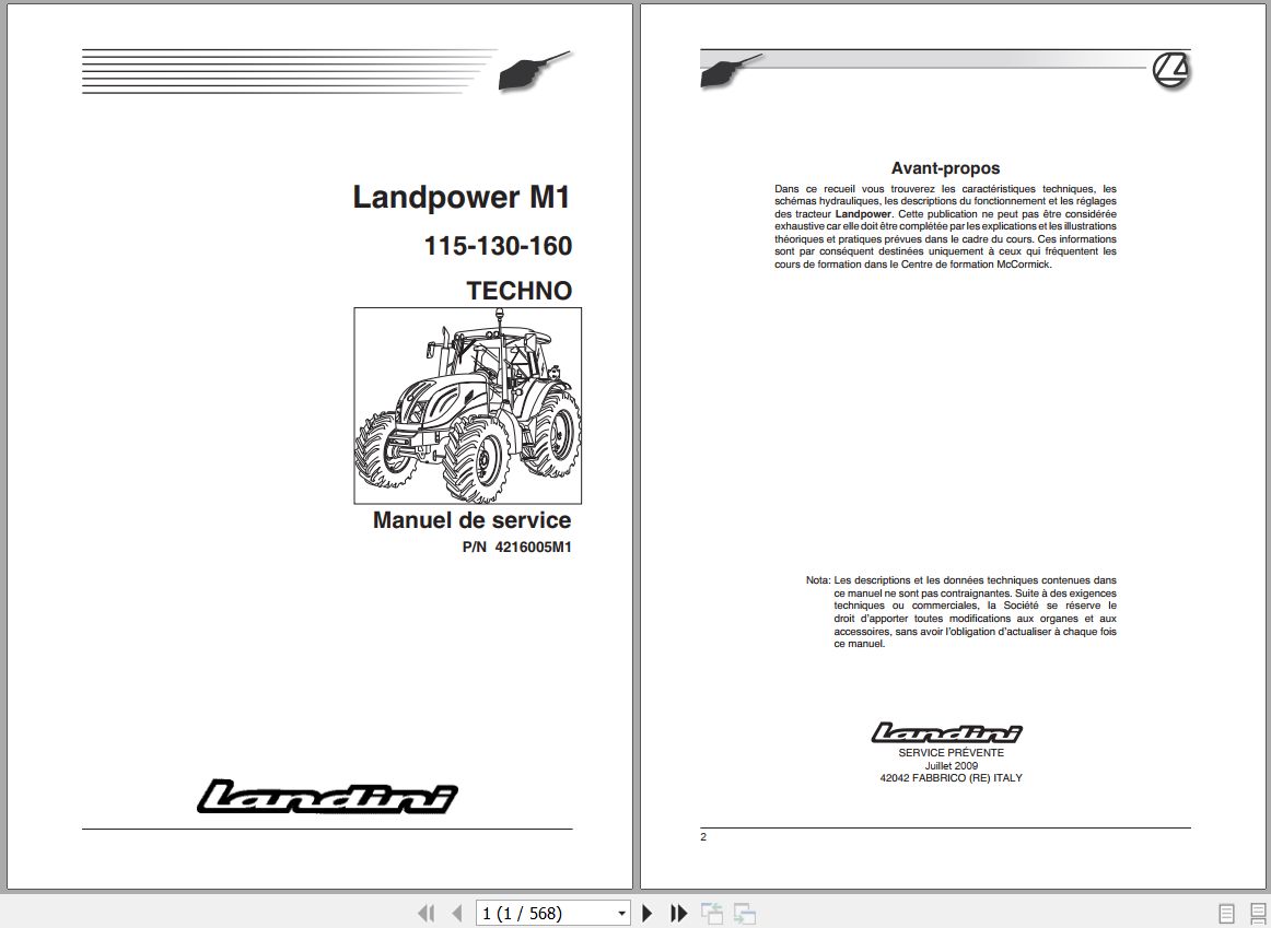 Landini Tractor Landpower 115 130 160 M1 Service Manual 4216005M1 FR 1