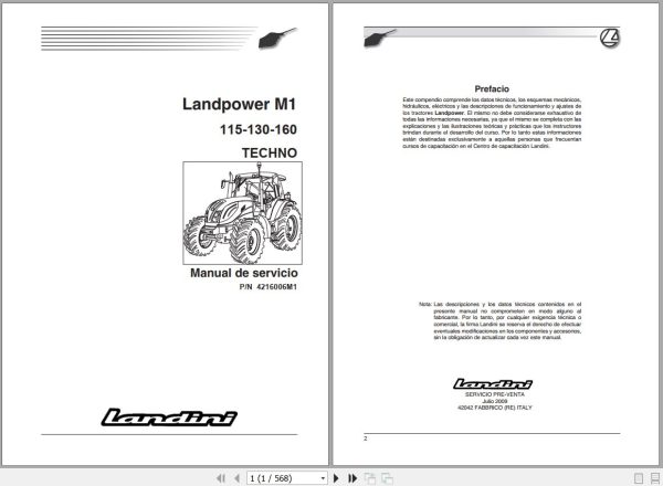 Landini Tractor Landpower 115 130 160 M1 Service Manual 4216006M1 ES 1